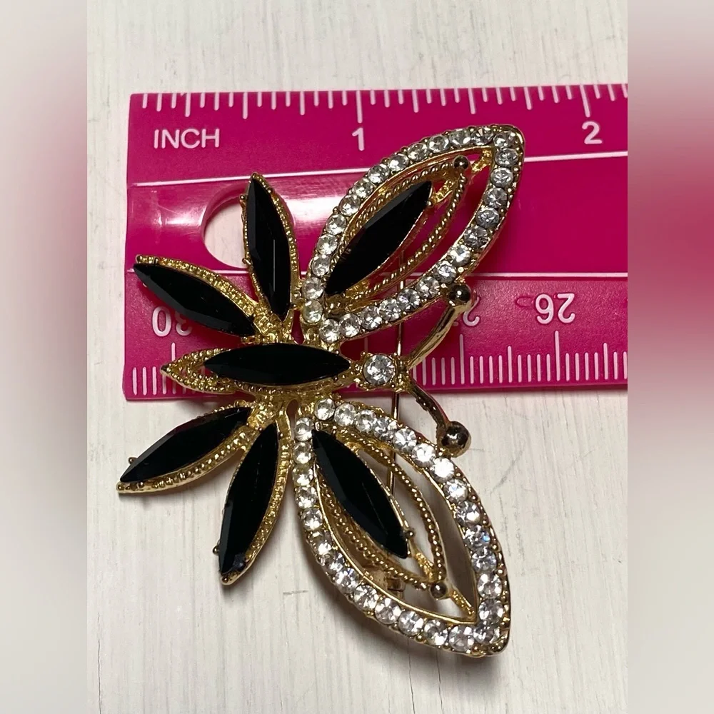 Vintage Black Gold Beaded Butterfly Brooch Pin Accessory Boho Fall Whimsigoth